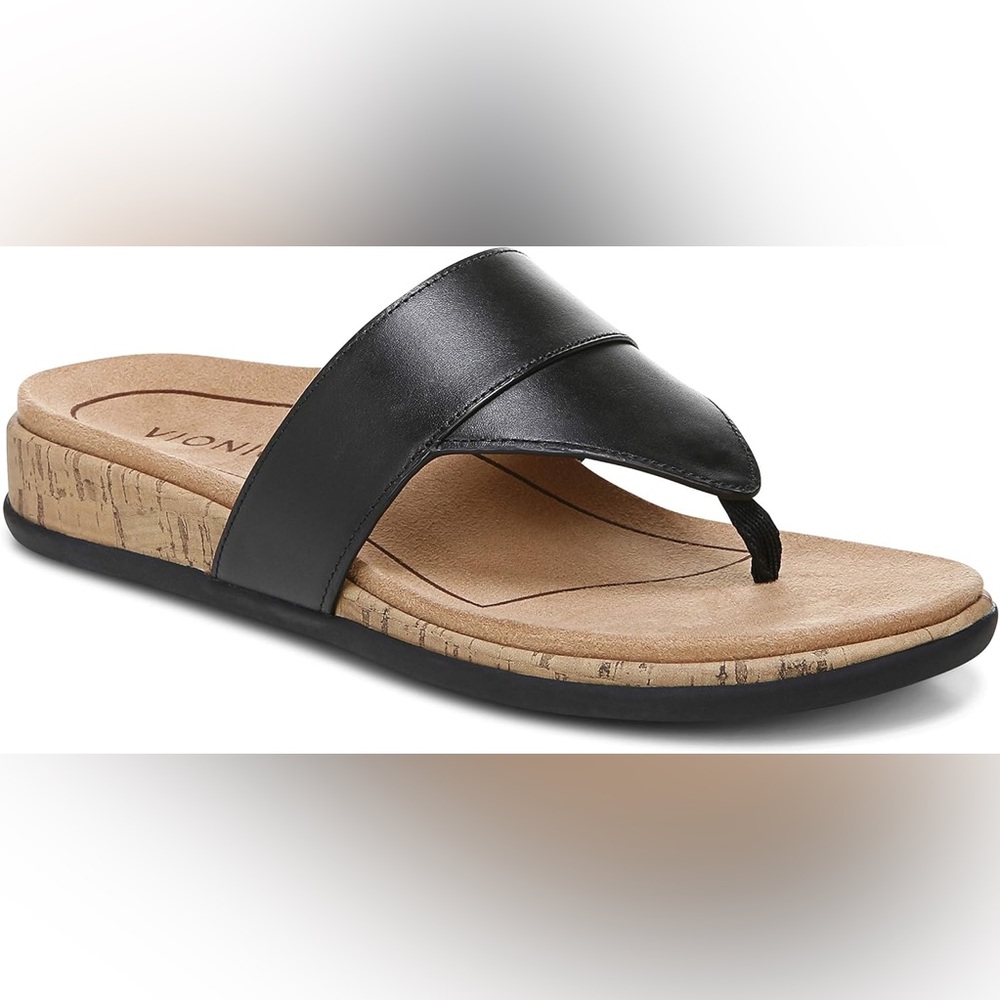 Vionic Size 9 Black Leather Cork-Trim Toe-Post Sandals